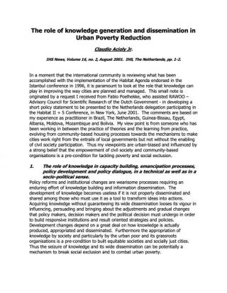 The role of knowledge generation and dissemination in Urban Poverty Reduction - 2001