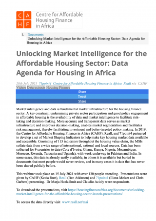 Unlocking Market Intelligence for the Affordable Housing Sector - Data Agenda for Housing in Africa - 2021 - front page