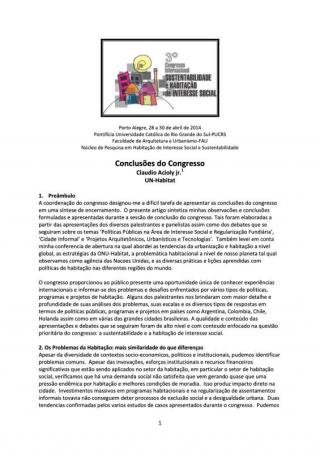 Conclusões do Congresso - 3 Congresso Internacional: Sustentabilidade e Habitação de Interesse Social - 2014