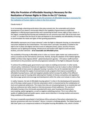 Why the Provision of Affordable Housing is Necessary for the Realization of Human Rights in Cities in the 21st Century - 2018