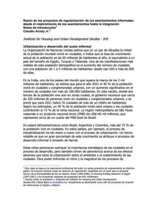 Razón de los proyectos de regularización de los asentamientos informales: desde el mejoramiento de los asentamientos hasta la integración - Notes de introducción - 2002