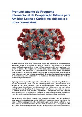 Pronunciamento do Programa Internacional de Cooperação Urbana para América Latina e Caribe: As cidades e o novo coronavírus - 2020